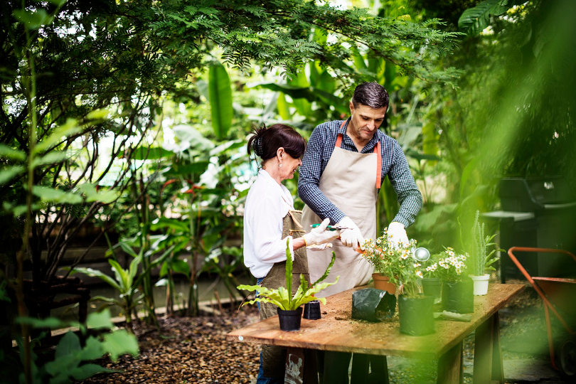 Business couple gardening