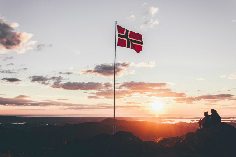 Norway flag at sunrise
