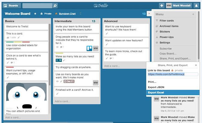 Trello export feature