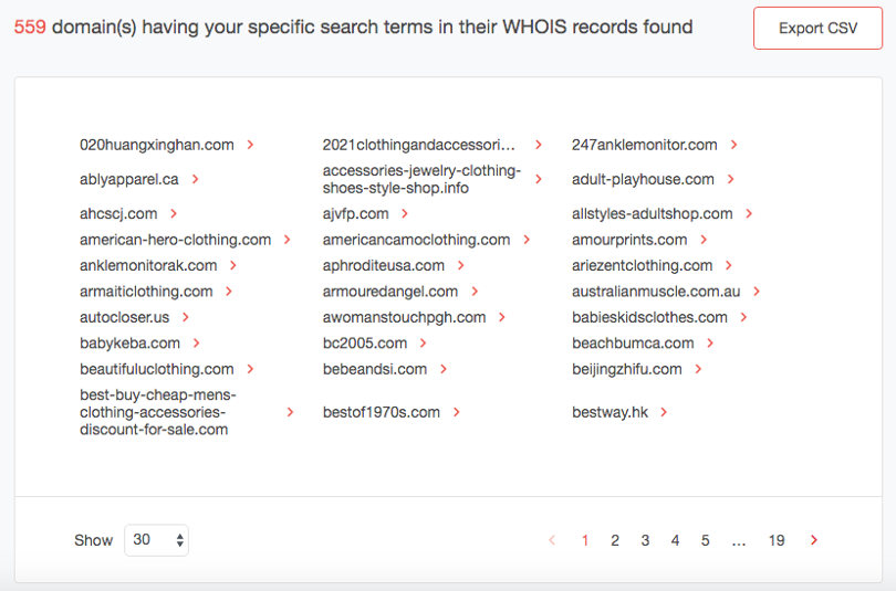 Example of reverse domain lookup based on search terms