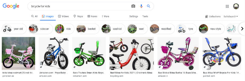 Image search results with product links