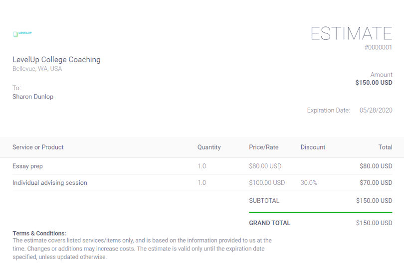 vcita estimate feature screenshot