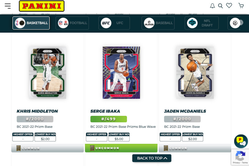 Panini Blockchain sport cards marketplace screenshot